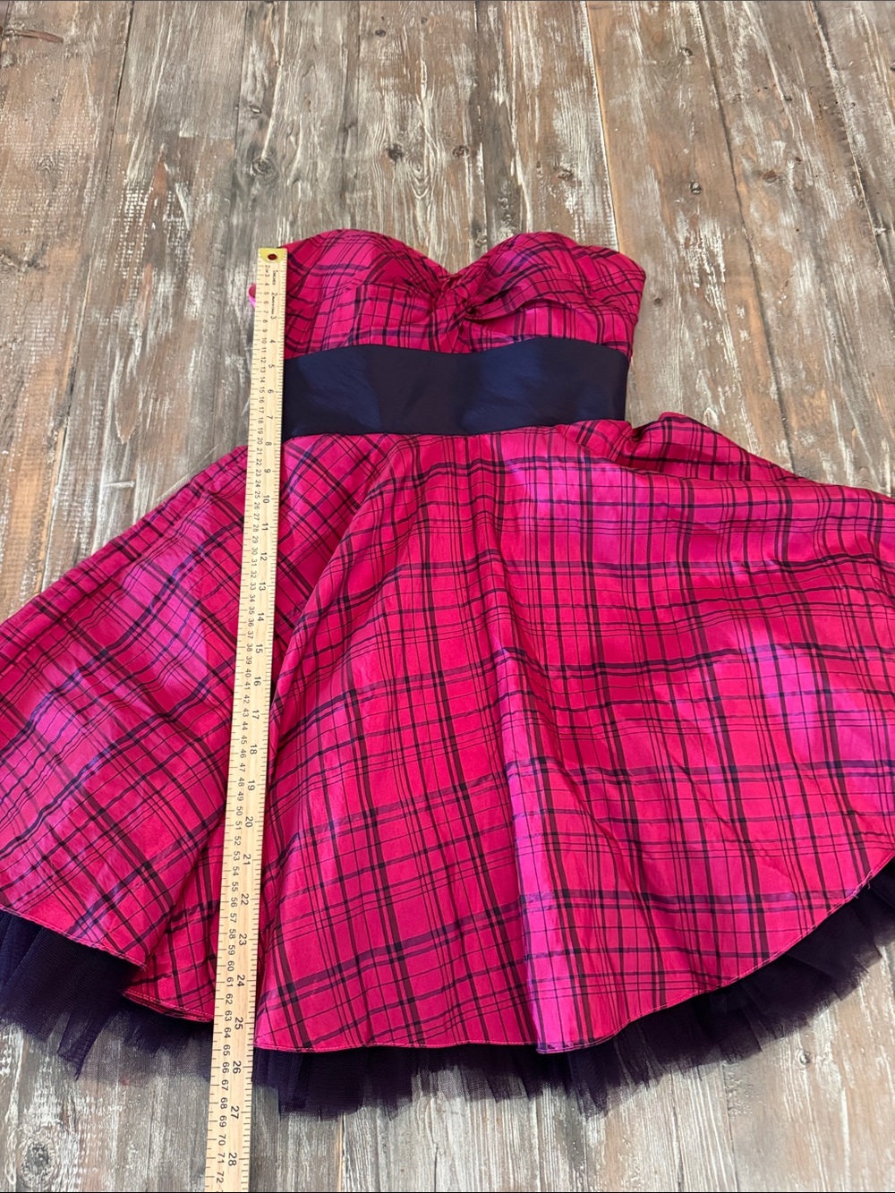Ladies Strapless Pink Plaid Party Dress with purpleWaistband